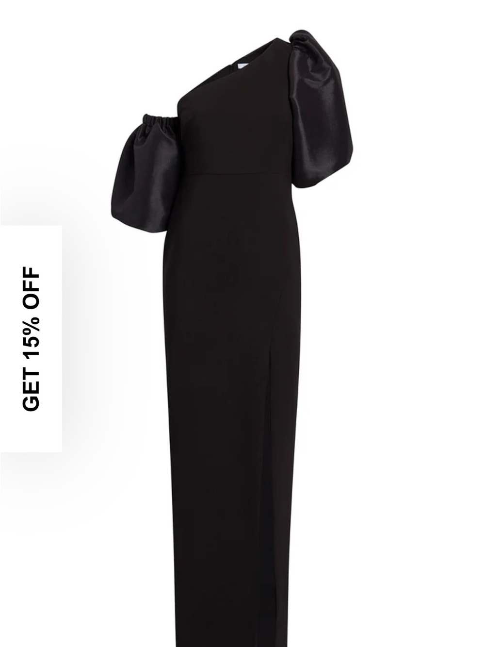 Likely Black One-Shoulder Gown with Statement Puff Sleeve
